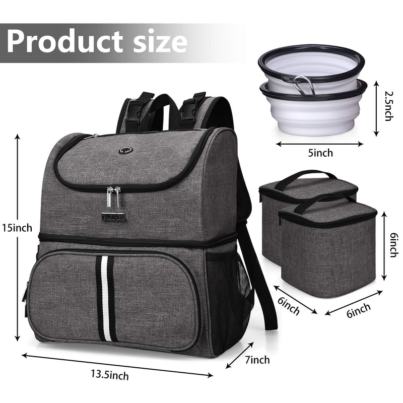 BAGLHER Pet Travel Bag, Double-Layer Pet Supplies Backpack (for All Pet Travel Supplies), Pet Travel Backpack with 2 Silicone Collapsible Bowls and 2 Food Baskets Grey