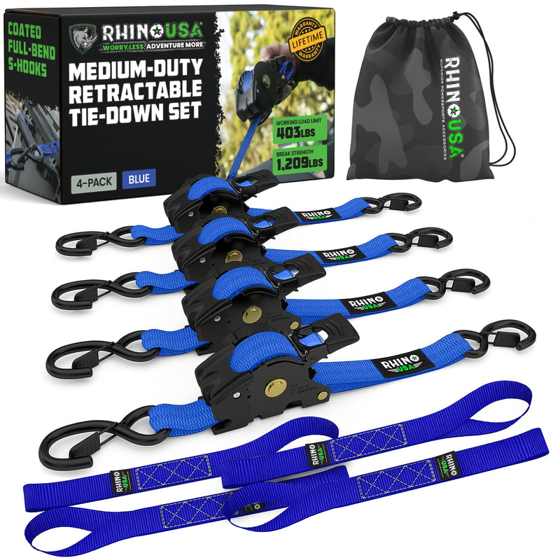Rhino USA Retractable Ratchet Straps (4-Pack) - 1 Inch x 10 Feet (1,209lb Break Strength) - Auto Self Retracting Tie Down Straps for Truck, Cargo Trailer, Motorcycle, ATV, UTV - Blue