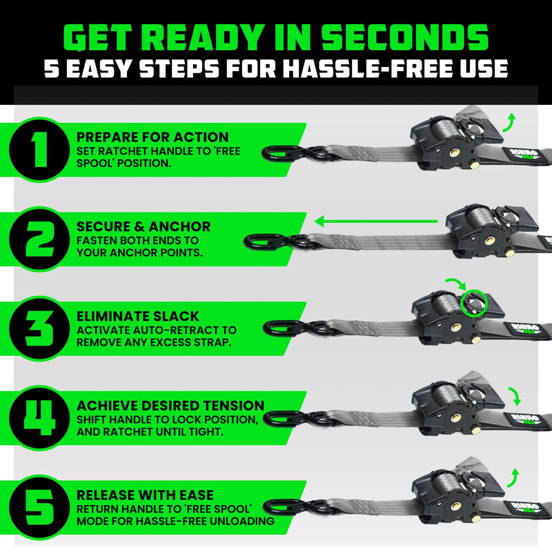 Rhino USA Retractable Ratchet Straps (2-Pack) - 2 Inch x 10 Feet (3,033lb Break Strength) - Heavy Duty Auto Self Retracting Tie Down Straps for Truck, Cargo Trailer, Motorcycle, Rad & More - Gray