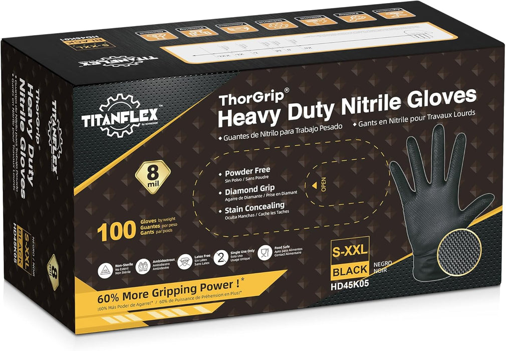 Thor Grip Heavy Duty Black Industrial Nitrile Gloves with Raised Diamond Texture, 8-Mil, Latex Free
