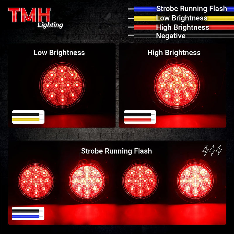 TMH 4-pack 4-inch red LED trailer tail lights with chrome bezel, waterproof flush mount strobe lights for trucks, RVs, and tow vehicles