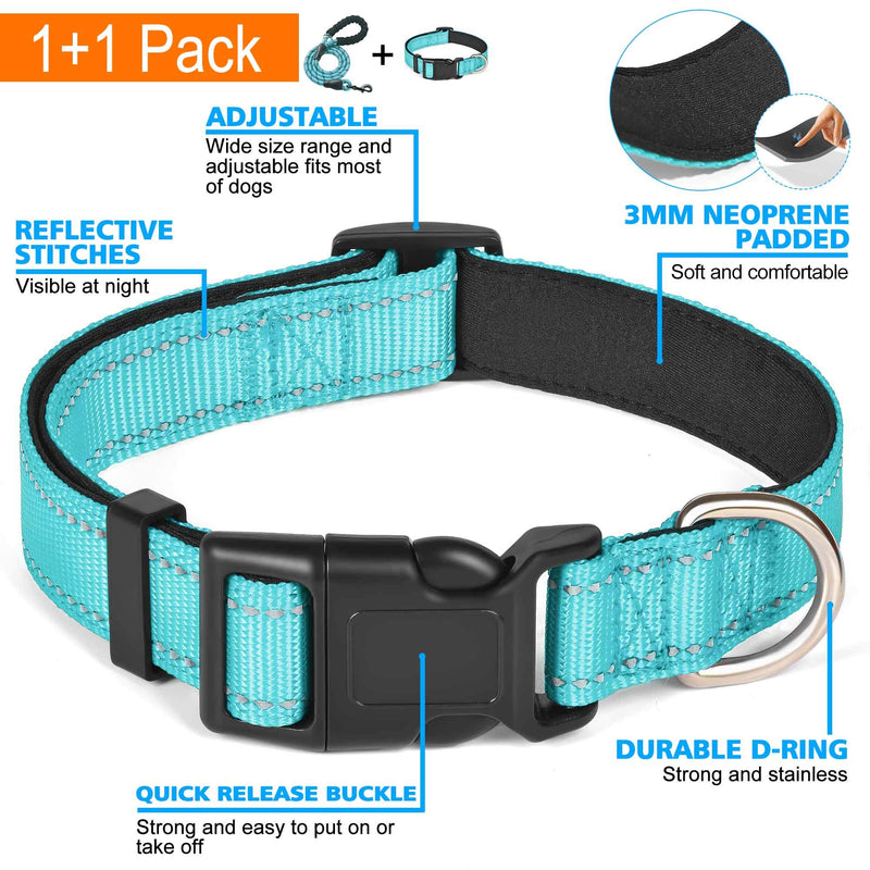 Ladoogo Reflective Dog Collar Padded with Soft Neoprene Breathable Adjustable Nylon Dog Collars for Small Medium Large Dogs (Medium (Pack of 1), Blue Collar+Leash)