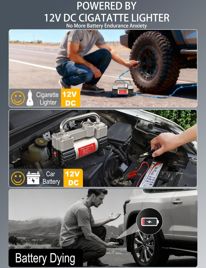 GSPSCN 6X Faster Inflation Tire Inflator Heavy Duty Double Cylinders with Portable Bag- Car Accessories，Metal 12V Air Compressor Pump 150PSI with Adapter for Car, Truck, SUV Tires, Dinghy, Air Bed