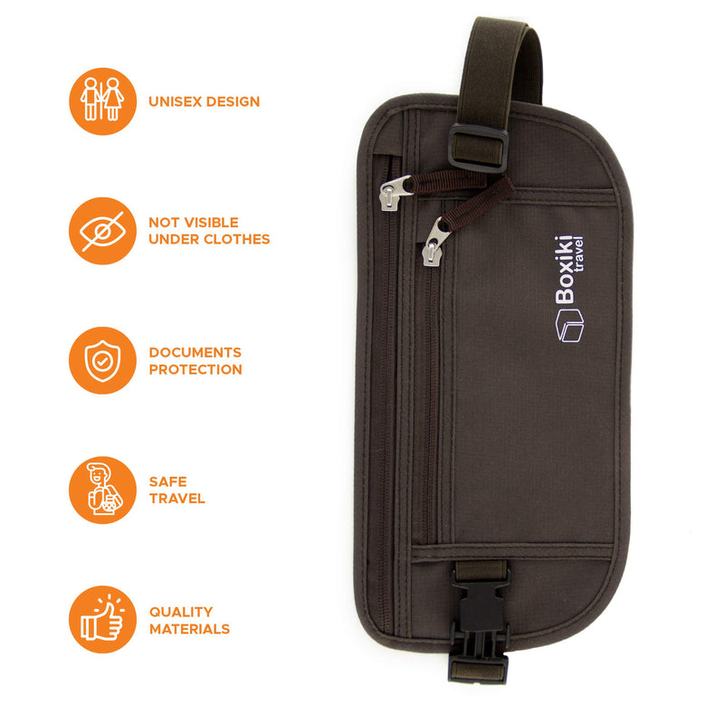 Money Belt for Travel with RFID Blocking Technology - Hidden Travel Money Pouch for Cash, Credit Cards, Passport, and Travel Valuables - Secure Water Resistant Money Belt for Men and Women (Brown)