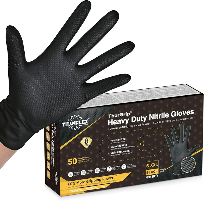 Thor Grip Heavy Duty Black Industrial Nitrile Gloves with Raised Diamond Texture, 8-Mil, Latex Free