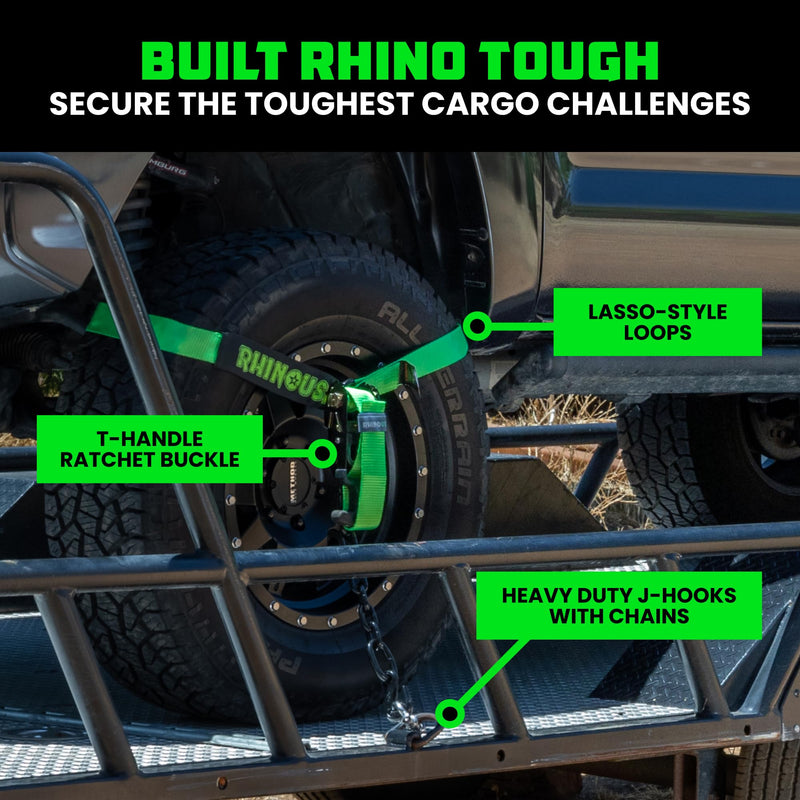 Rhino USA Car Tie Down Straps with J Hooks – 4 Pack 2" x8' – 10,000lbs Break Strength – Heavy Duty T-Handle Car Hauler Tire Lasso Wheel Straps for Trailers, UTV & Powersports – Green
