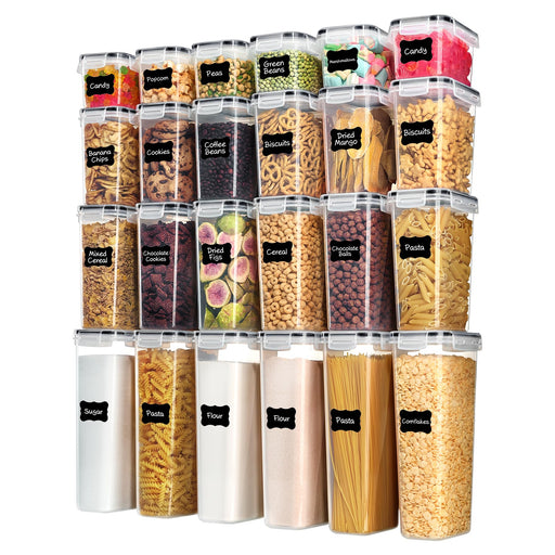 Vtopmart black airtight food storage containers with lids, 24-piece set for cereal, dry food, flour, sugar, with labels