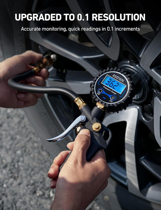 Digital Tire Pressure Gauge with Inflator, 3-250 PSI Air Chuck & Compressor Accessories Heavy Duty with Quick Connect Coupler, 0.1 Display Resolution, 1Pack