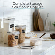 Vtopmart 24-piece black airtight food storage containers with lids, includes labels for cereal, dry food, flour, and sugar.