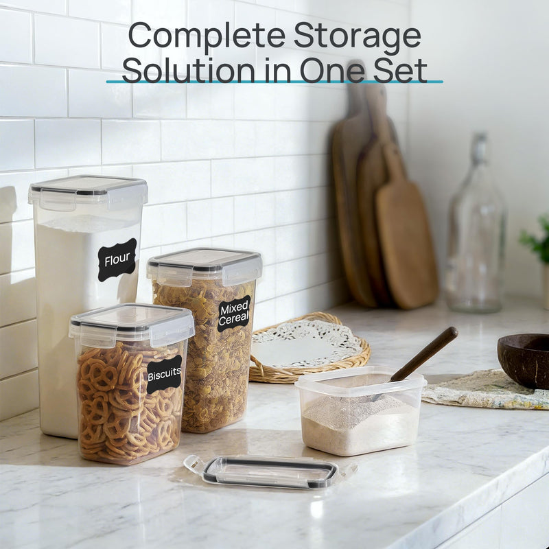 Vtopmart 24-piece black airtight food storage containers with lids, includes labels for cereal, dry food, flour, and sugar.