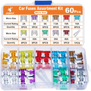 180Pcs Car Fuses Assorted Kit, 60 Mini Blade Car Fuse + 60 Standard Fuse Automotive + 60 Micro Fuse + 1 Puller –11 Specifications Mixed Auto Fuse: 2Amp 3A 5A 7.5A 10A 15A 20A 25A 30A 35A 40A