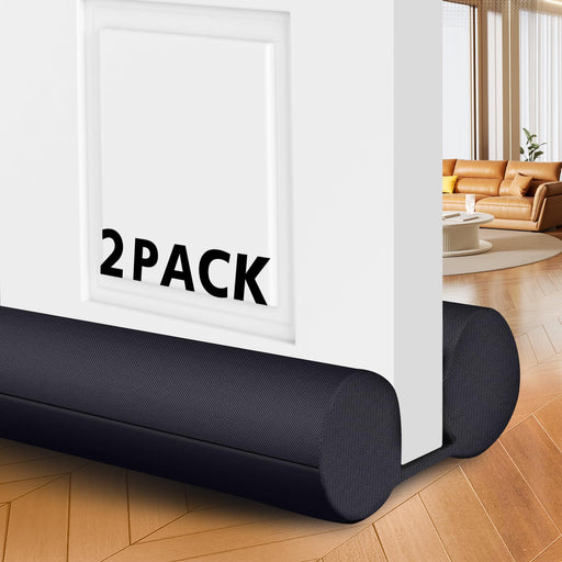 Two black adjustable under door draft stoppers from LADANY, fitting 30-36 inch gaps to block drafts, noise, and heat loss.