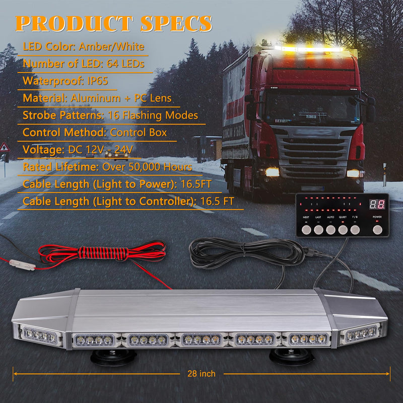 V-SEK 28-inch amber and white rooftop strobe light bar with 64 LED warning lights, magnetic mount for emergency and construction vehicles