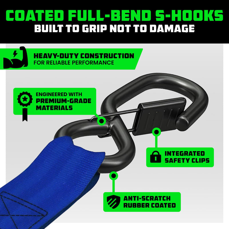 Rhino USA Retractable Ratchet Straps (4-Pack) - 1 Inch x 10 Feet (1,209lb Break Strength) - Auto Self Retracting Tie Down Straps for Truck, Cargo Trailer, Motorcycle, ATV, UTV - Blue