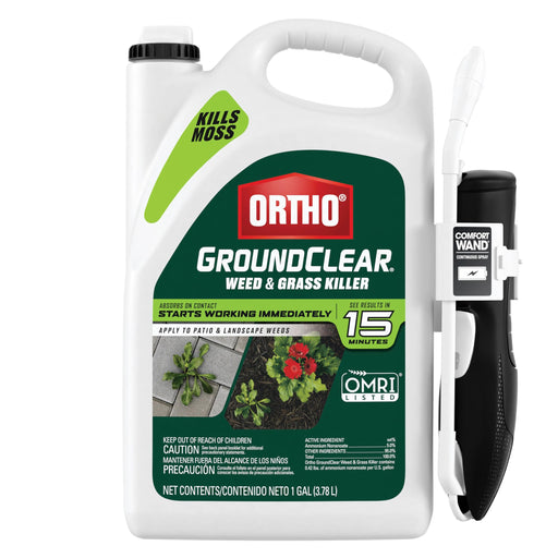 Ortho GroundClear Weed & Grass Killer with Comfort Wand spraying on grass, targeting dandelions, crabgrass, and moss in a lawn.