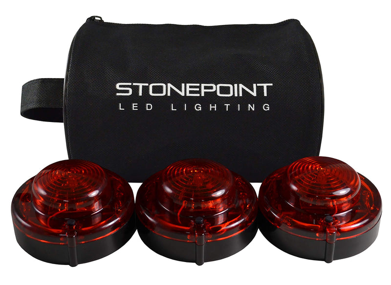 StonePoint LED Lighting emergency LED road flare kit with three magnetic roadside beacons, flashing and steady red lights, storage bag