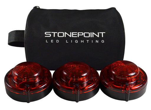 StonePoint LED Lighting emergency LED road flare kit with three bright magnetic beacons, red flashing or steady lights, and storage bag.