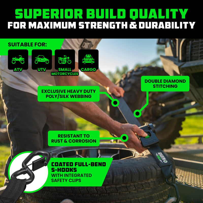 Rhino USA Retractable Ratchet Straps (2-Pack) - 2 Inch x 10 Feet (3,033lb Break Strength) - Heavy Duty Auto Self Retracting Tie Down Straps for Truck, Cargo Trailer, Motorcycle, Rad & More - Black