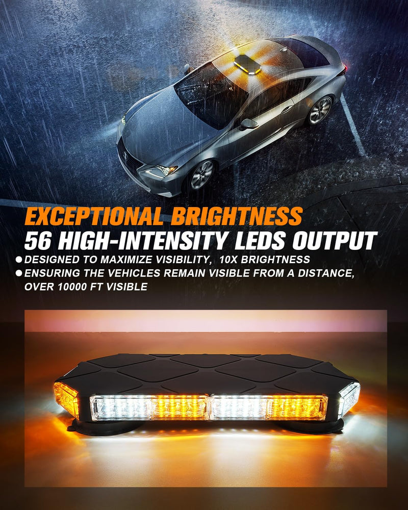 LUMENIX 56 LED roof top strobe beacon lights bar with amber and white flashing lights for construction, tow trucks, and emergency vehicles.