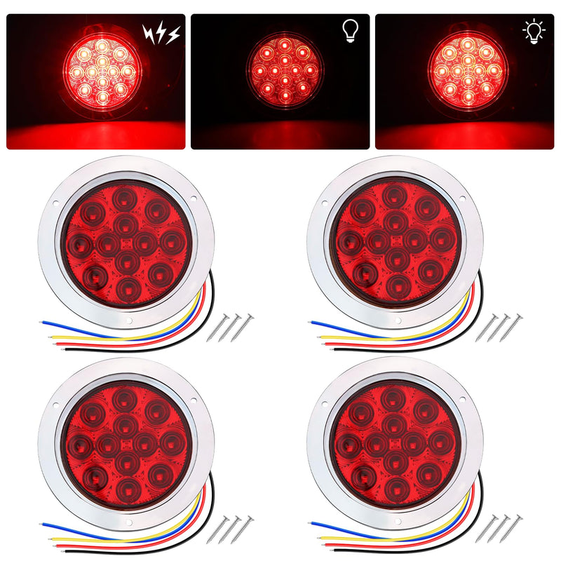 Set of four TMH 4-inch red LED strobe trailer tail lights with chrome bezel, waterproof flush mount design, for trucks and RVs