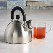 Primula Stewart Whistling Stovetop Tea Kettle Food Grade Stainless Steel, Hot Water Fast to Boil, Cool Touch Folding, 1.5-Quart, Brushed with Black Handle - Durrett Recovery