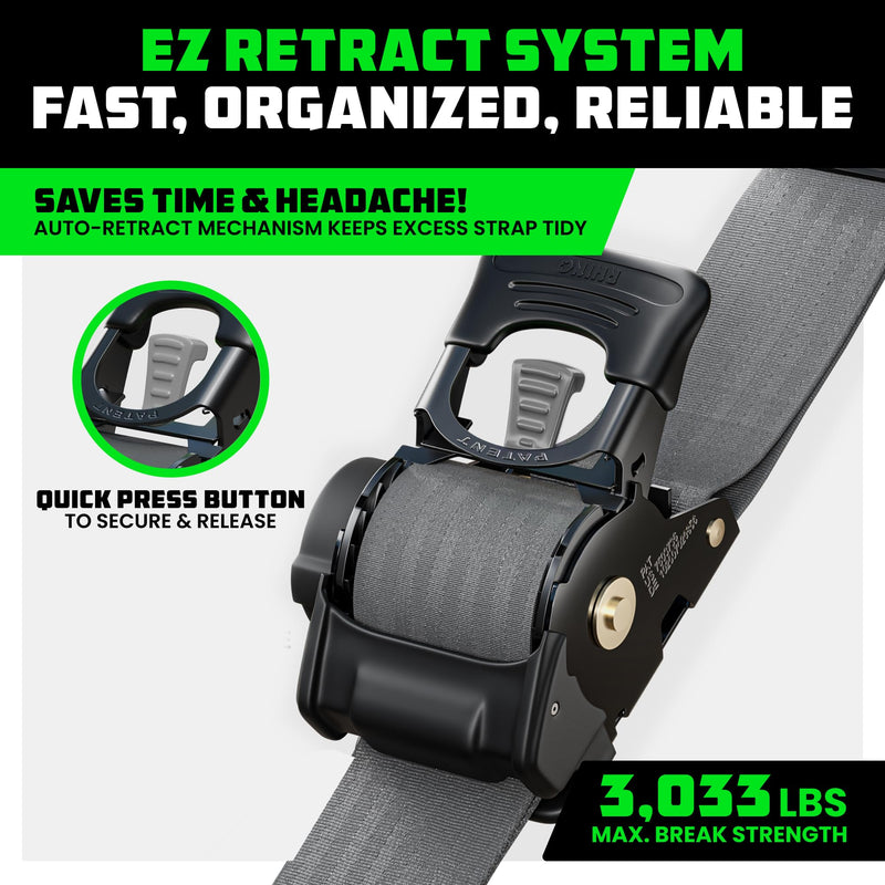 Rhino USA Retractable Ratchet Straps (2-Pack) - 2 Inch x 10 Feet (3,033lb Break Strength) - Heavy Duty Auto Self Retracting Tie Down Straps for Truck, Cargo Trailer, Motorcycle, Rad & More - Gray