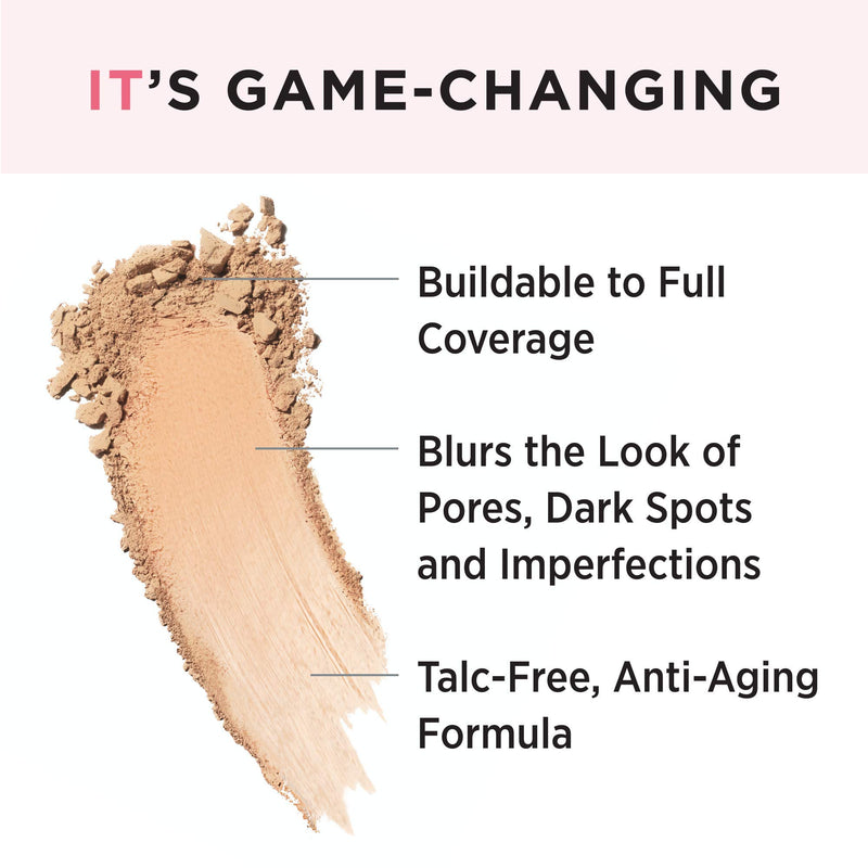IT Cosmetics CC+ Airbrush Perfecting Powder Foundation in Medium Tan, pressed powder for pore blurring and anti-aging coverage.