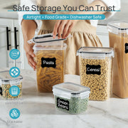 Vtopmart 24-piece black plastic airtight food storage containers with lids, including labels for cereal, flour, sugar, and dry food.