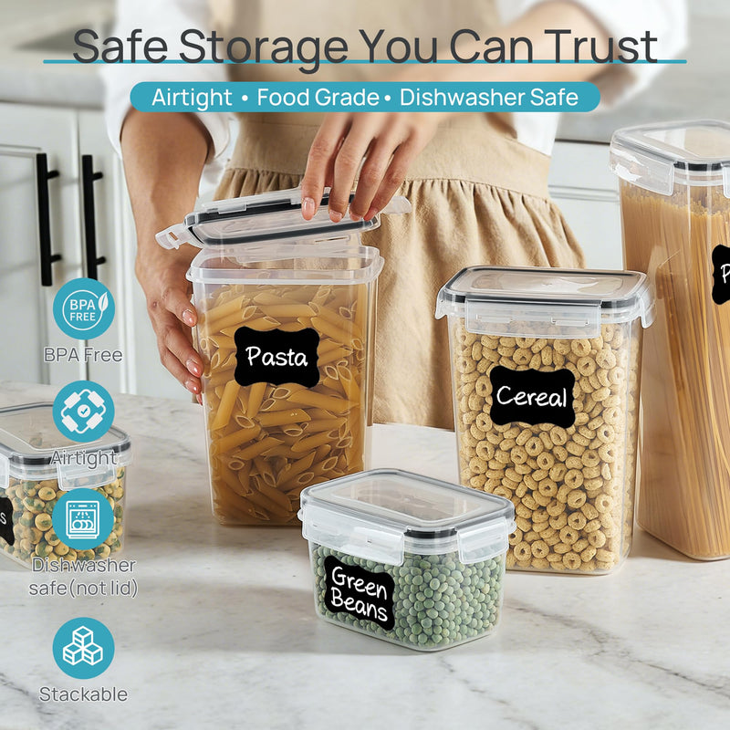 Vtopmart 24-piece black plastic airtight food storage containers with lids, including labels for cereal, flour, sugar, and dry food.