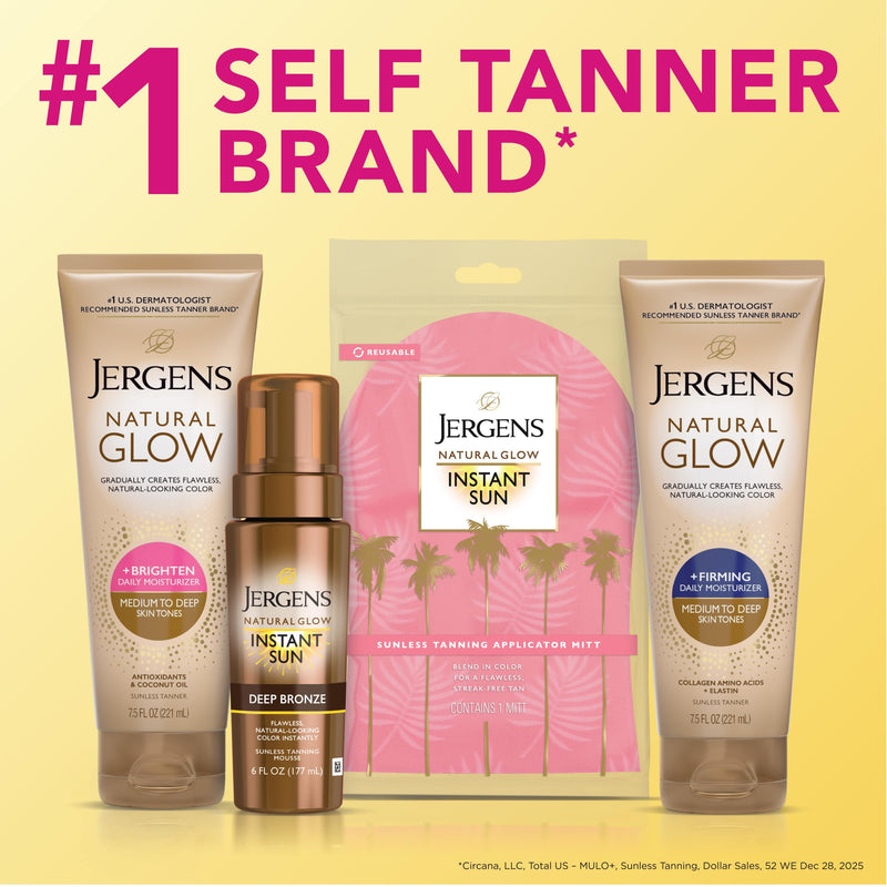 Jergens Natural Glow self-tanner moisturizer with coconut oil and vitamin E, for medium to deep skin tone, 7.5 oz bottle.