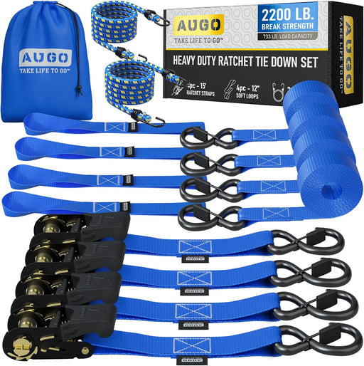 Ratchet Straps Heavy Duty 4 Pack -15 FT - 2200 LB Break Strength – with Safety Lock S Hooks - Cargo Straps for Moving, Appliances, Motorcycle – Soft Loop Tie down Straps