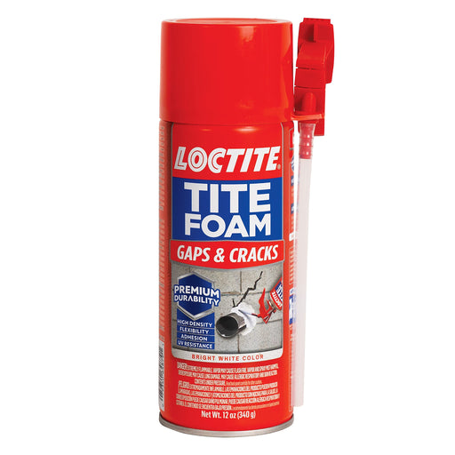 Loctite Tite Foam Gaps & Cracks spray foam sealant in 12 fl oz can, expanding polyurethane insulation for sealing gaps and cracks.