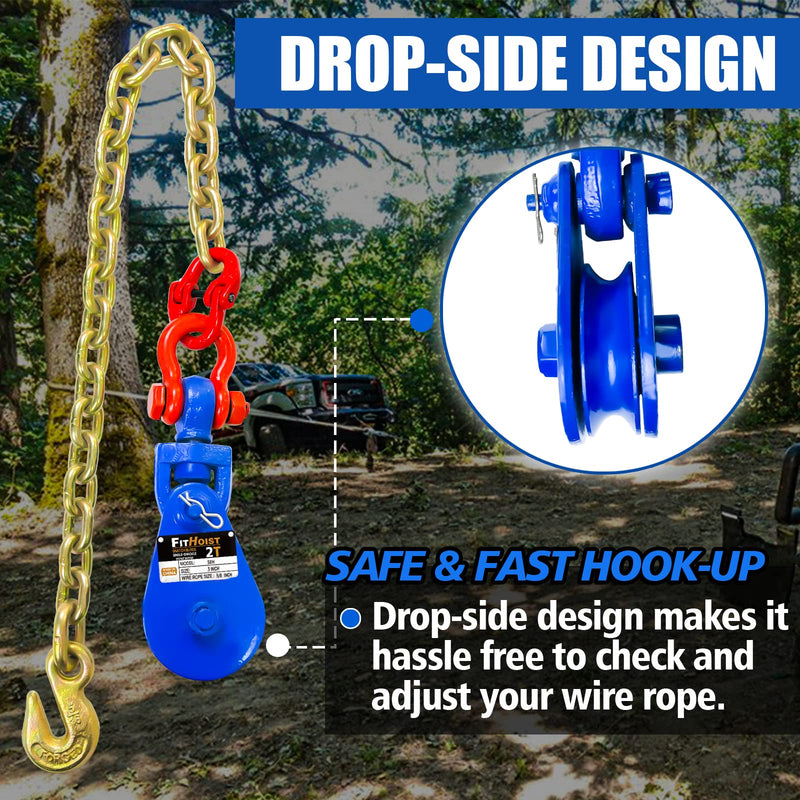 FITHOIST 2 Tons Snatch Block with G80 Chain | 3" Sheave for 3/8" Inch Wire Rope | High Strength Snatch Blocks for Towing and Recovery Applications | Tow Truck Rollback Wrecker Car Hauler Winch