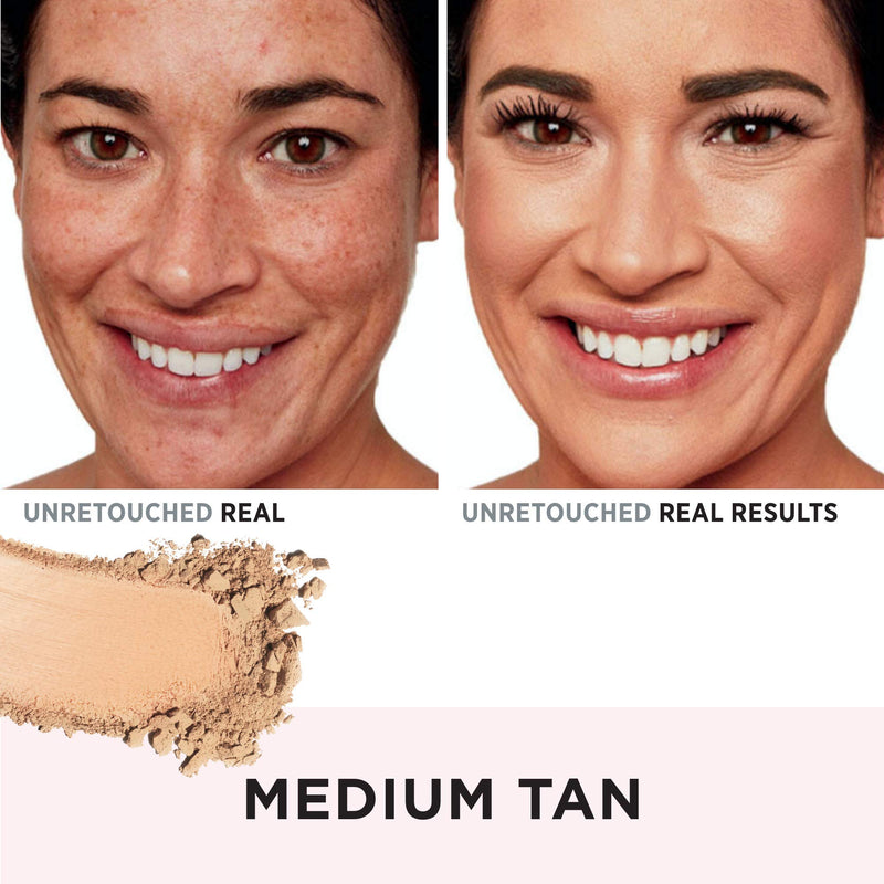 IT Cosmetics CC+ Airbrush Perfecting Powder Foundation in Medium Tan, pressed powder with blurring pores and dark spots.
