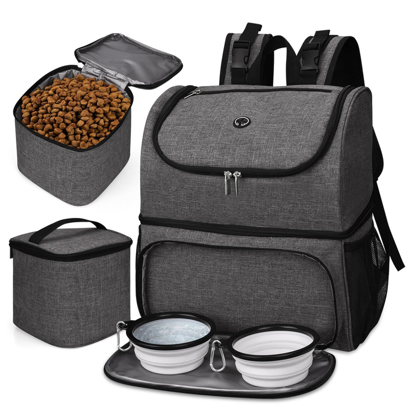 BAGLHER Pet Travel Bag, Double-Layer Pet Supplies Backpack (for All Pet Travel Supplies), Pet Travel Backpack with 2 Silicone Collapsible Bowls and 2 Food Baskets Grey