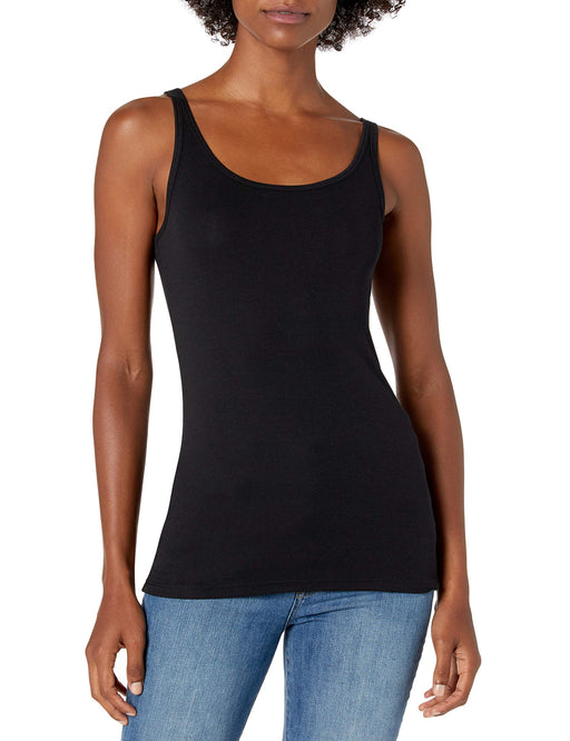 Amazon Essentials women's slim-fit tank top with thin straps and scoop neck in black and white, medium size, pack of 2.