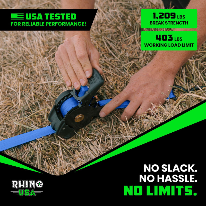 Rhino USA Retractable Ratchet Straps (4-Pack) - 1 Inch x 10 Feet (1,209lb Break Strength) - Auto Self Retracting Tie Down Straps for Truck, Cargo Trailer, Motorcycle, ATV, UTV - Blue