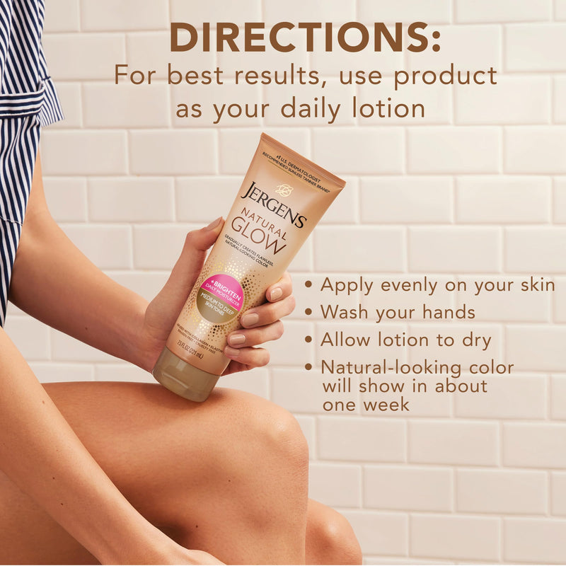 Jergens Natural Glow self-tanner lotion in 7.5 oz bottle, moisturizing with coconut oil, vitamin E, and antioxidants for medium to deep skin.