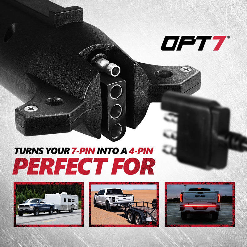 OPT7 7 to 4 Pin Trailer Adapter w/Tester, 7 Way Blade to 4 Way Flat Trailer Connector w/Secure Tab for Pickup Truck Tow Hitch, 3.75" Long x 1.75" Diameter