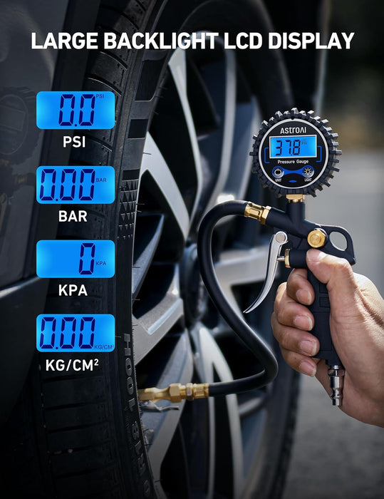 Digital Tire Pressure Gauge with Inflator, 3-250 PSI Air Chuck & Compressor Accessories Heavy Duty with Quick Connect Coupler, 0.1 Display Resolution, 1Pack