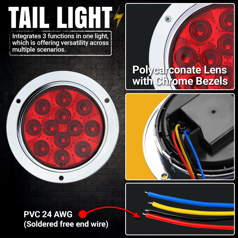 Four TMH 4-inch red LED strobe trailer tail lights with chrome bezel, waterproof flush mount design, for trucks, RVs, and buses.