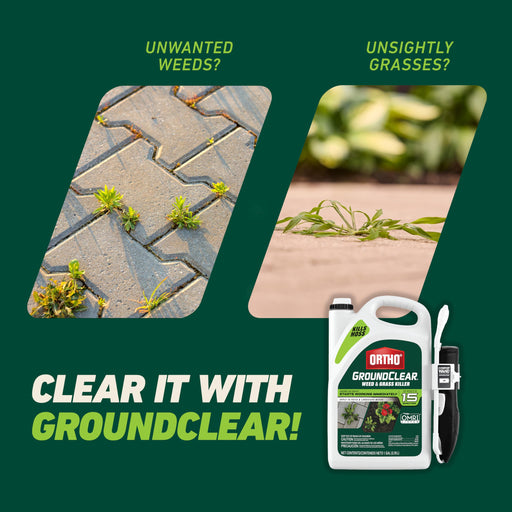 Ortho GroundClear Weed & Grass Killer spray with comfort wand showing a lush, weed-free lawn and targeted application.