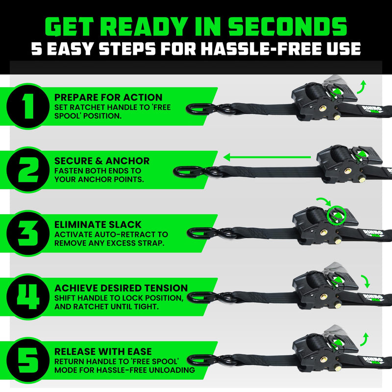 Rhino USA Retractable Ratchet Straps (2-Pack) - 2 Inch x 10 Feet (3,033lb Break Strength) - Heavy Duty Auto Self Retracting Tie Down Straps for Truck, Cargo Trailer, Motorcycle, Rad & More - Black
