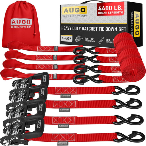 Ratchet Straps Heavy Duty 4 Pack -15 FT - 2200 LB Break Strength – with Safety Lock S Hooks - Cargo Straps for Moving, Appliances, Motorcycle – Soft Loop Tie down Straps