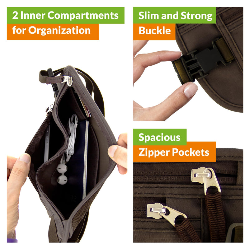 Money Belt for Travel with RFID Blocking Technology - Hidden Travel Money Pouch for Cash, Credit Cards, Passport, and Travel Valuables - Secure Water Resistant Money Belt for Men and Women (Brown)