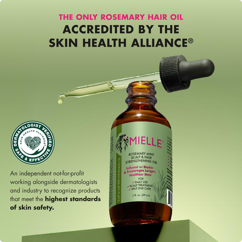 Mielle Organics Rosemary & Mint Hair Oil bottle, featuring natural ingredients for strengthening, moisturizing damaged hair and scalp.