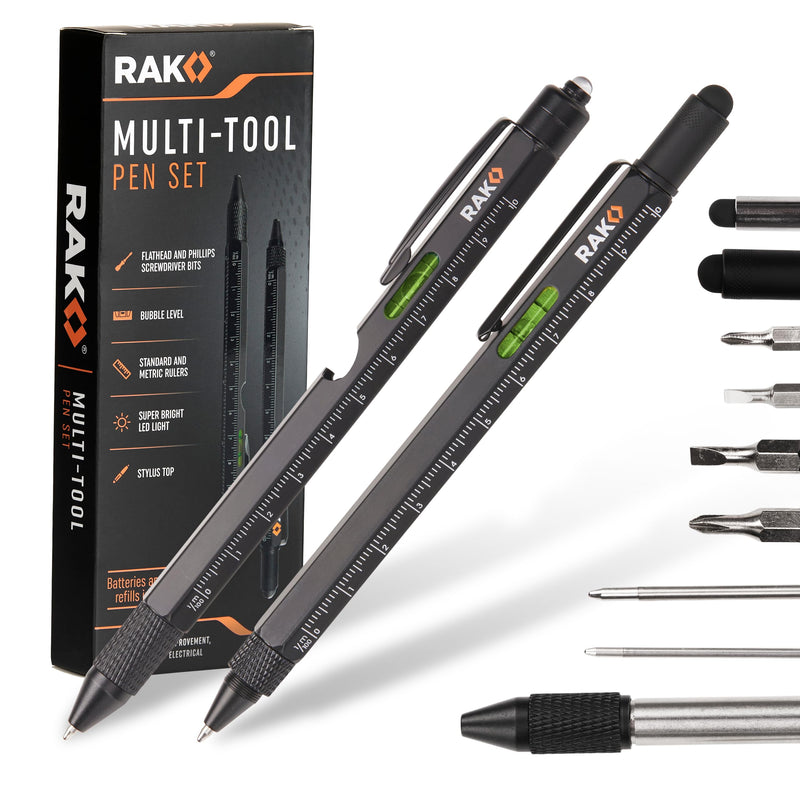 RAK Multitool Pen Gifts for Men, 2-Pack 11 in 1 Multitool Pen Set, Tech Cool Gadgets Stocking Stuffer Holiday Christmas Gifts for Dad, Husband, Grandpa, Him, EDC Tactical Pen Tool, Gift-Ready Box