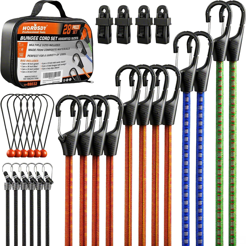 HORUSDY 28-piece bungee cords with hooks, including 10, 18, 24, 36, and 48-inch sizes, in an assortment set.