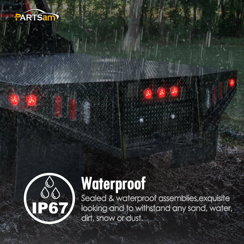 Partsam 10-pack 2-inch round LED trailer side marker lights with amber and red lenses, waterproof, sealed, DOT approved for trucks and RVs.