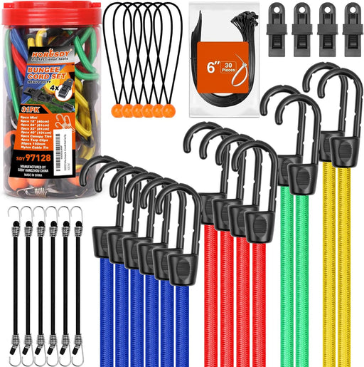 31-Piece Premium Bungee Cords Assortment Jar, Includes 10”,18”,24”,32”,40” Bungee Cords, 6“ Zip Ties, 8”Canopy/Tarp Ball Ties and Crocodile Mouth Tarp Clips